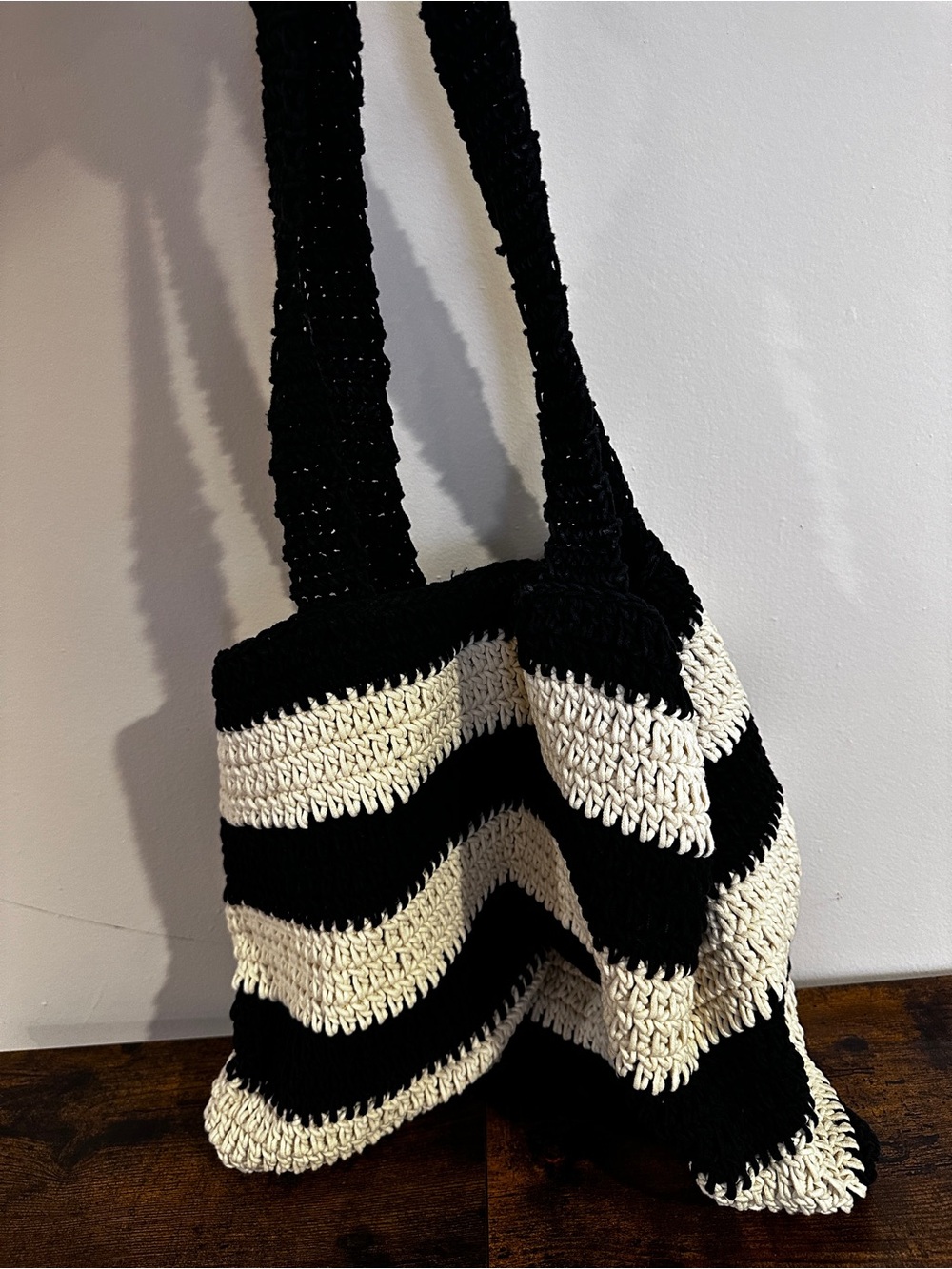 Black & Cream Striped Crochet Tote Bag